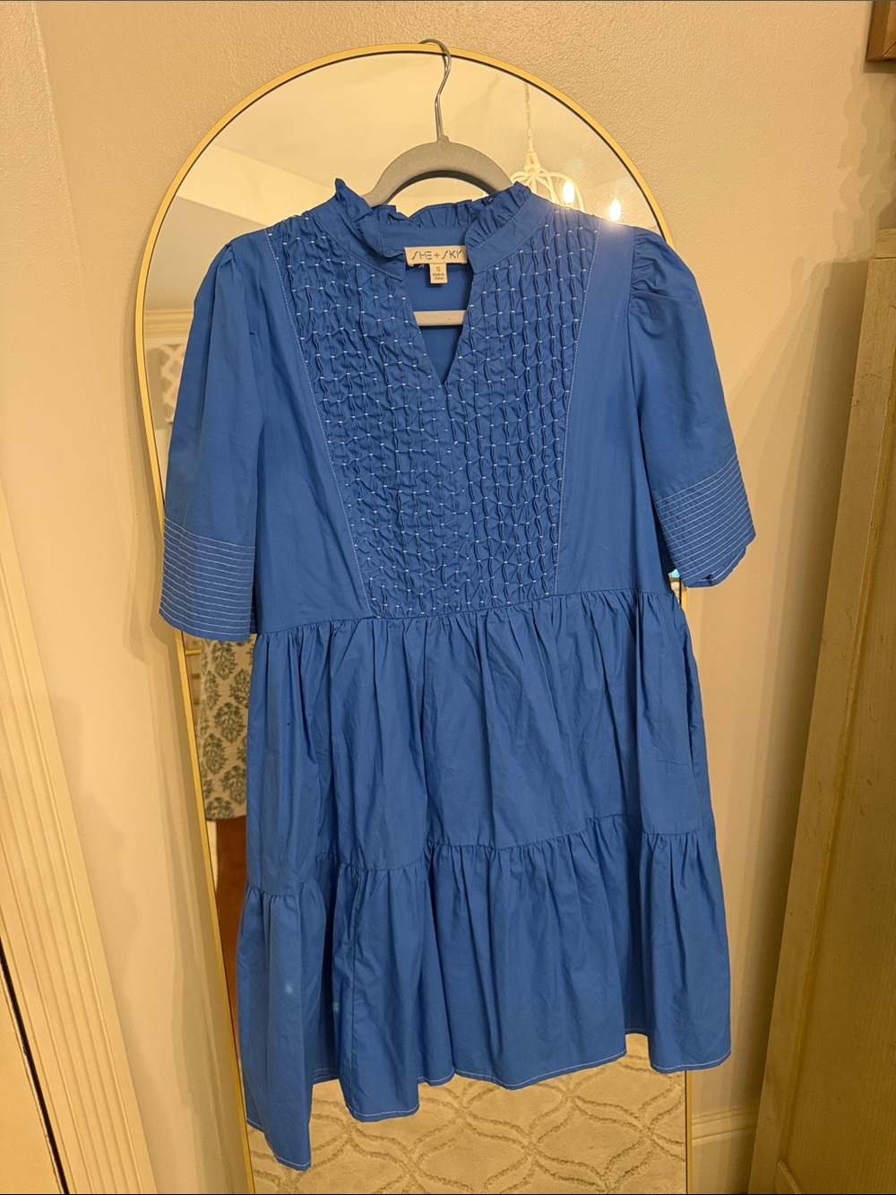 She + Sky Cobalt Smocked Tiered Short Sleeve Dress - Picture 1 of 4